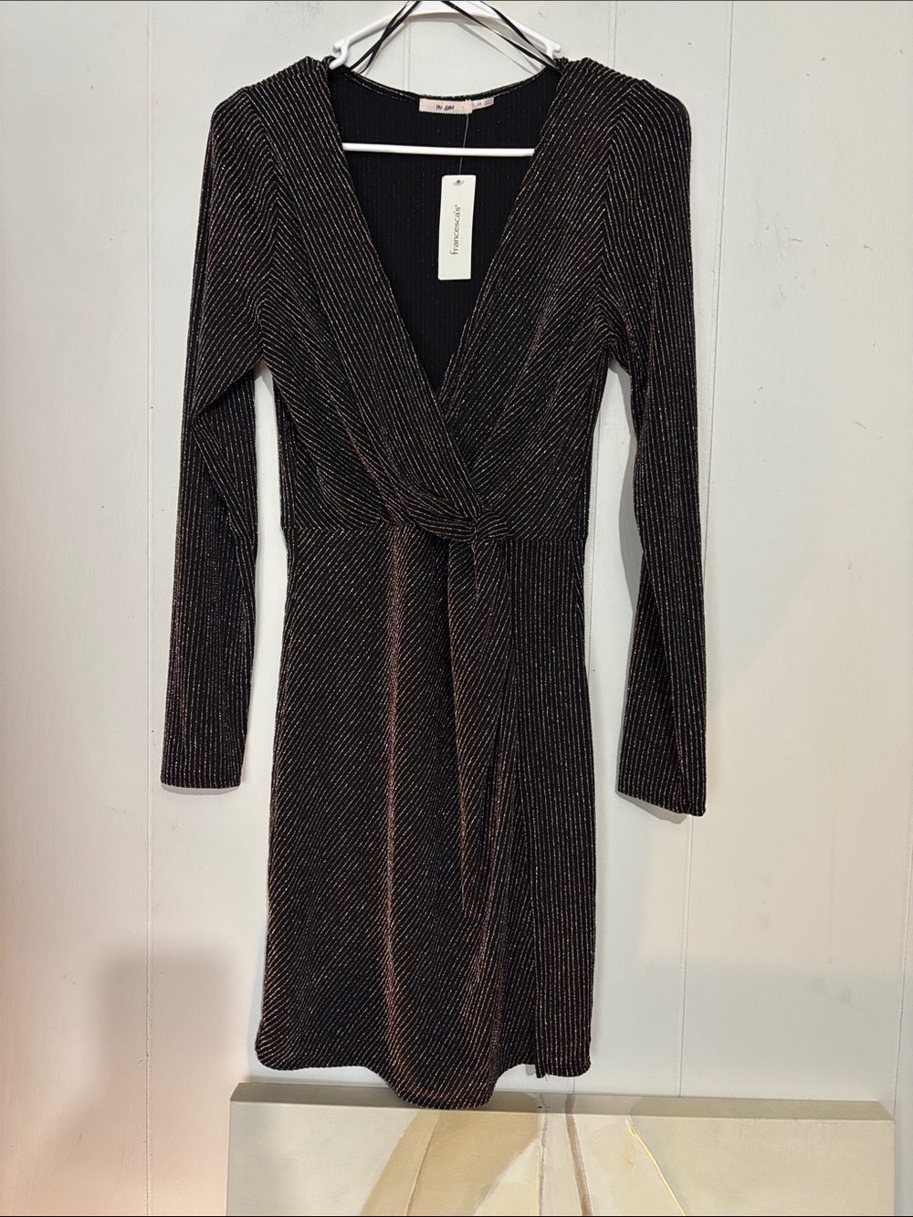 Francesca's Collections Black Dress with Gold Metallic Pinstripes - Long Sleeve